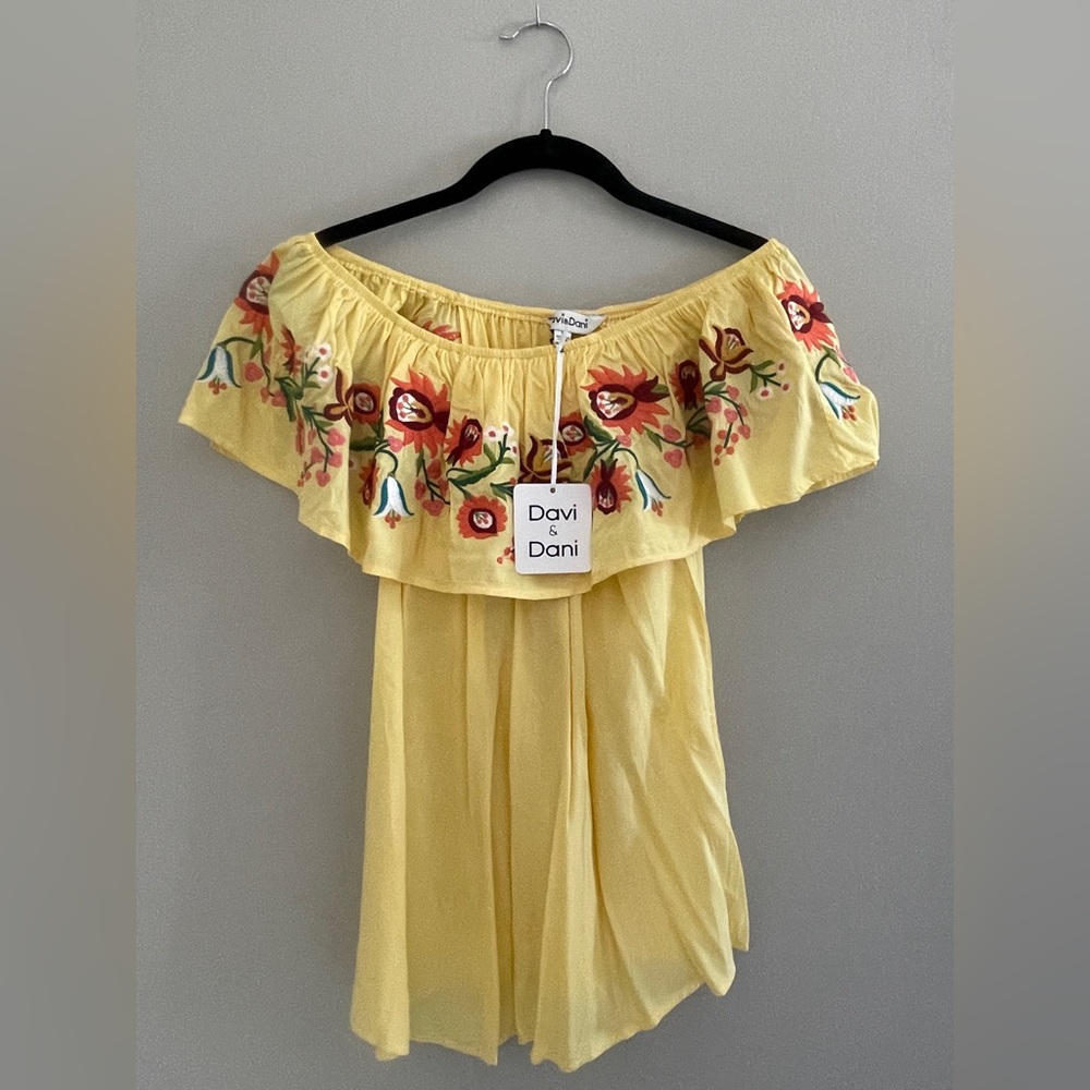 yellow embroidered flowy off shoulder top